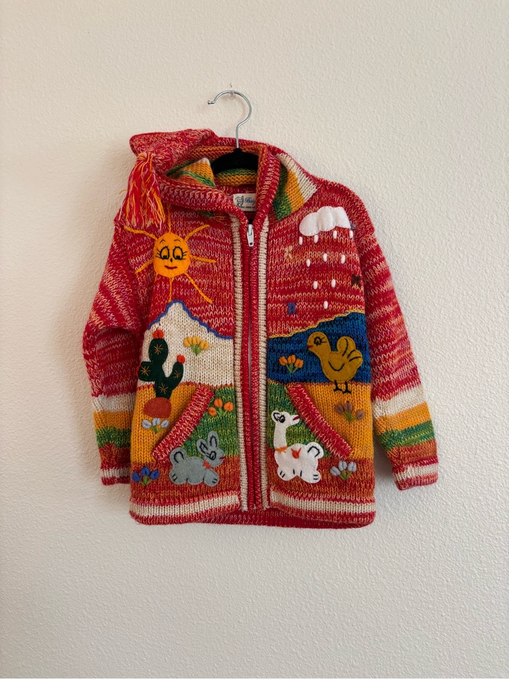 Baby Llama Peruvian Arpillera Hand Knit Hooded Cardigan size 3-4